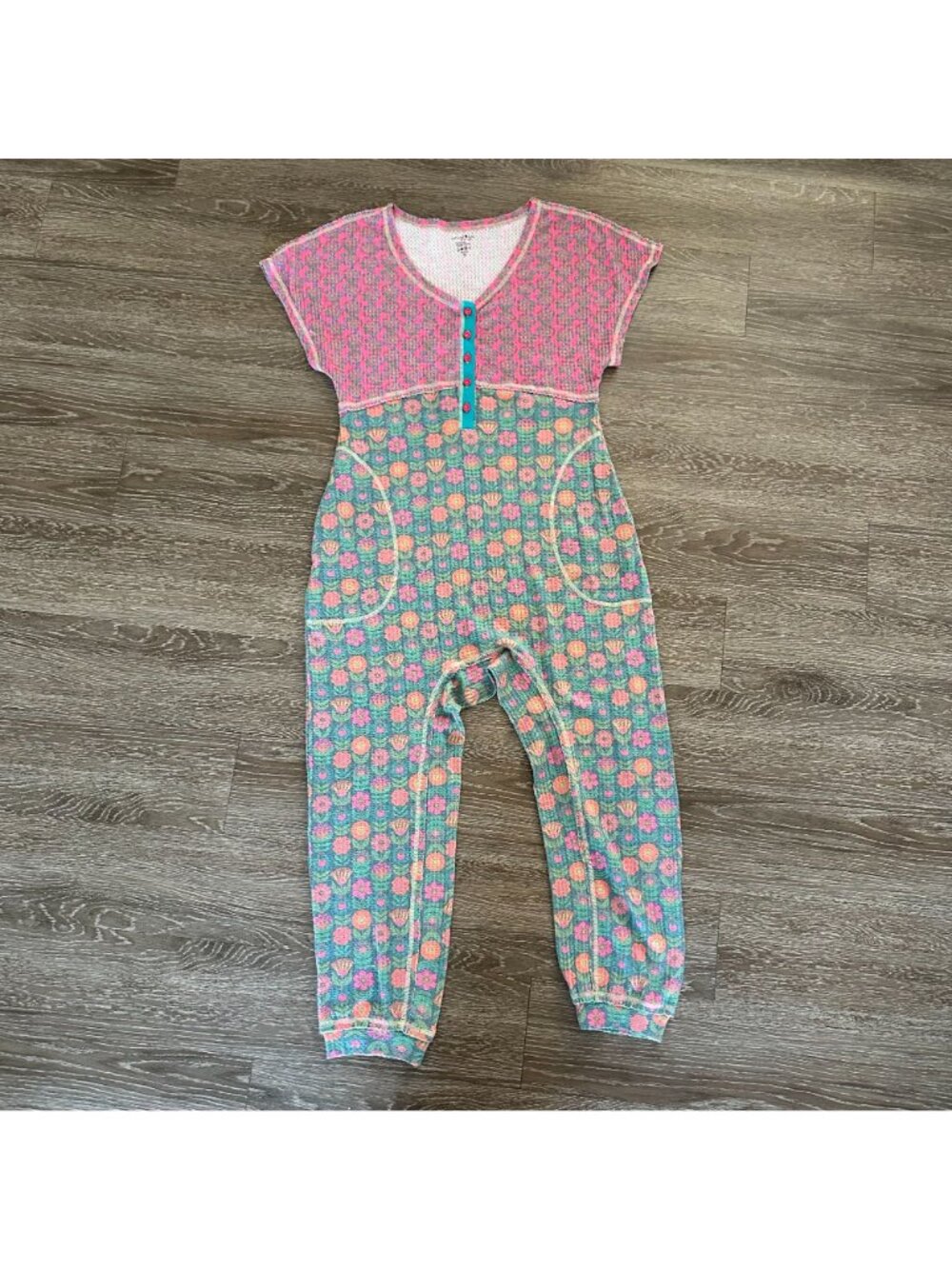Natural Life Mix & Match Waffle Jumpsuit M Green Floral Boho Lounge Soft Colorfu - Picture 2 of 9